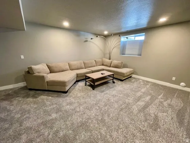 Huge downstairs family room; Recessed lighting, light-toned wall paint, large window with blinds, and textured carpeting