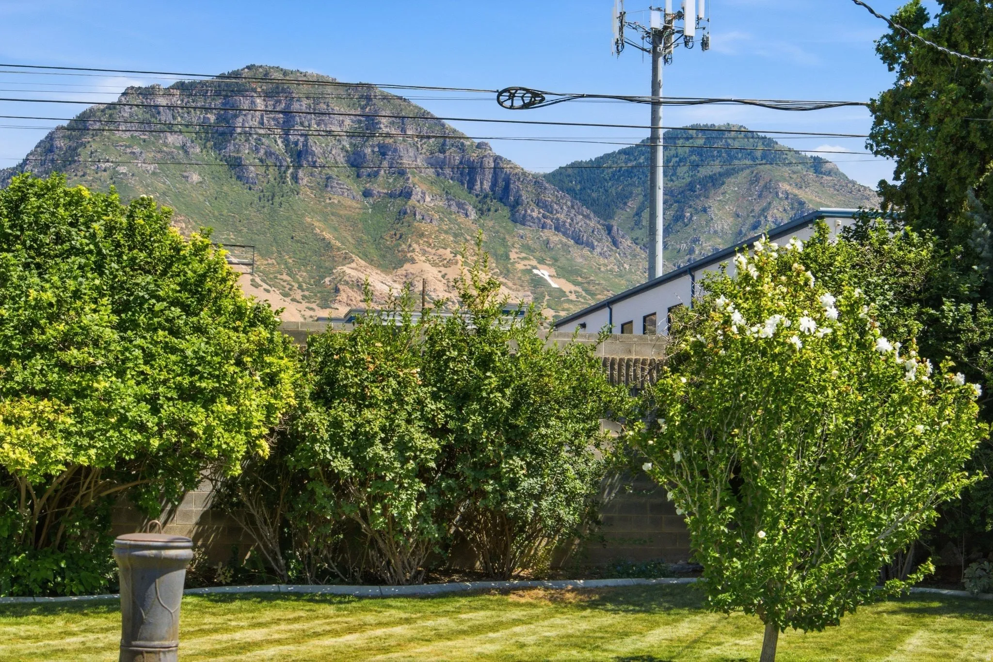 Expansive mountain backdrop, lush green landscaping, manicured lawn, and a partial view of a modern exterior with a dark roofline