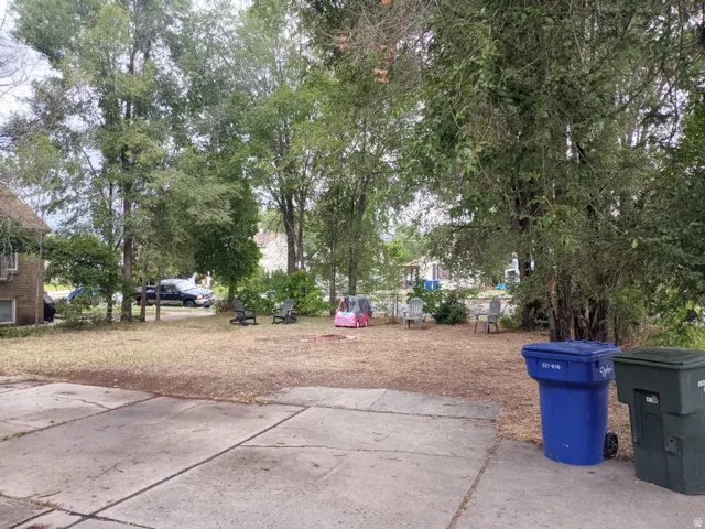 Expansive yard space featuring mature trees and a concrete driveway