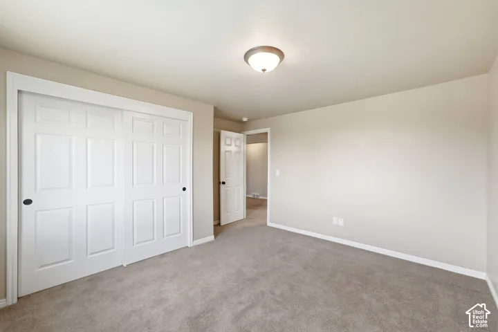 Neutral wall color, carpeted flooring, white trim, white paneled doors, and a ceiling-mounted light fixture