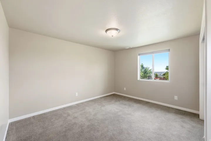 Neutral painted walls, gray carpet flooring, white window trim, and a semi-flush mount ceiling light
