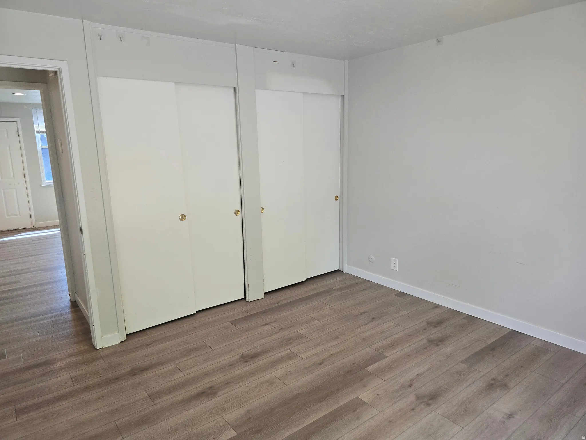 Wood-finish flooring, two sets of white sliding closet doors with brass-finish hardware, and light neutral wall paint