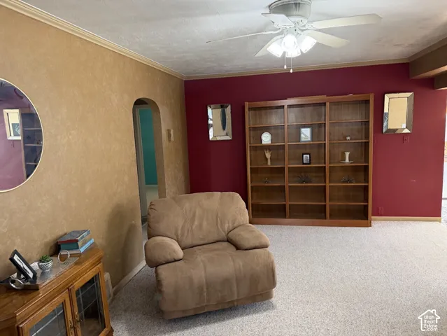 Archway entry, built-in shelving, ceiling fan light fixture, textured wall finish, and neutral carpet