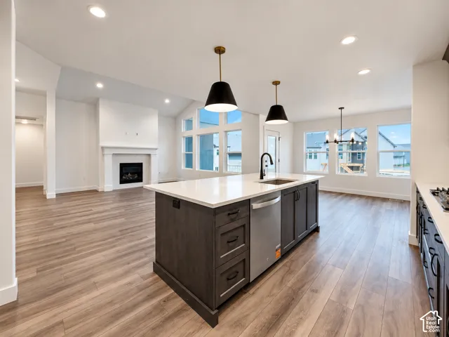 Kitchen island with an undermount sink and dark cabinetry, quartz countertop, and a stainless steel dishwasher