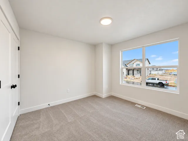 Neutral wall paint, carpeted flooring, large window, flush mount ceiling light, and panel doors with dark hardware