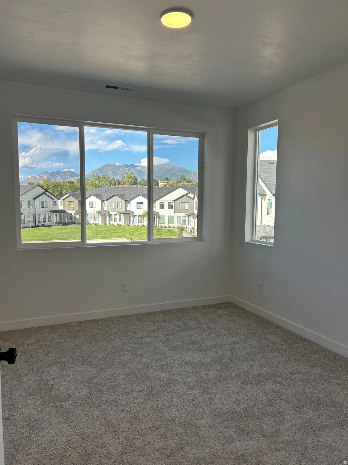 Wall-to-wall carpeting, multiple windows providing natural light, and a ceiling-mounted light fixture