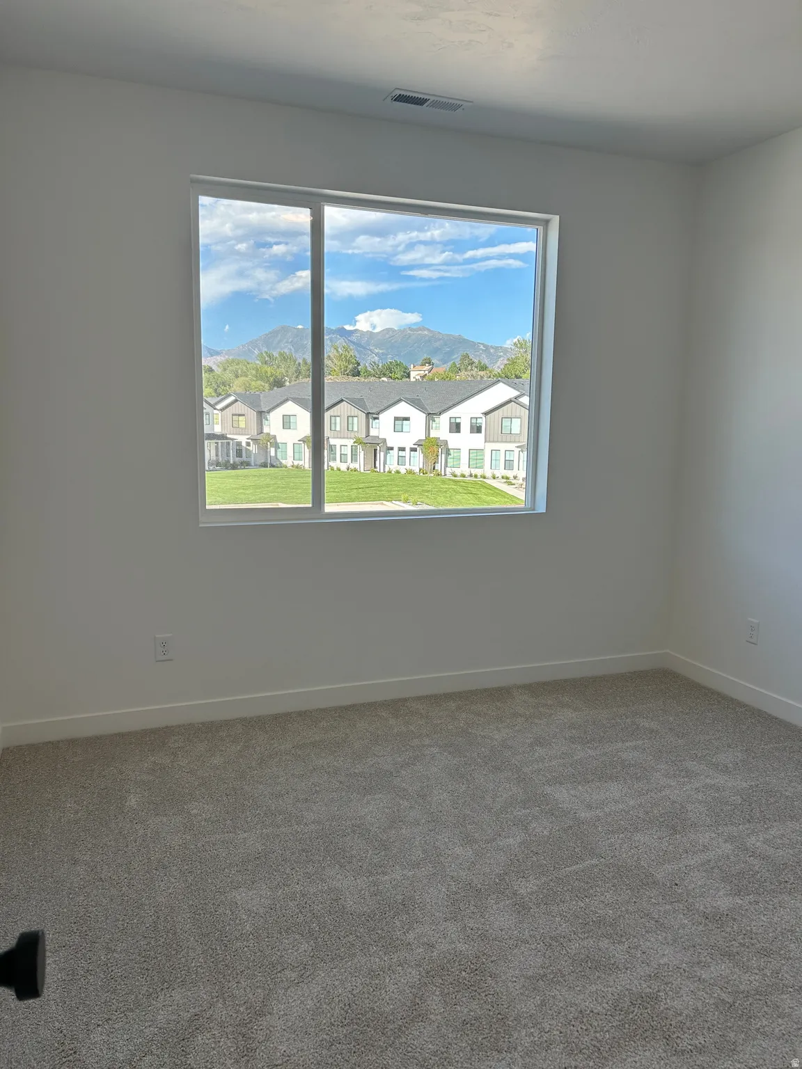 Expansive window, mountain backdrop, and neutral carpeting