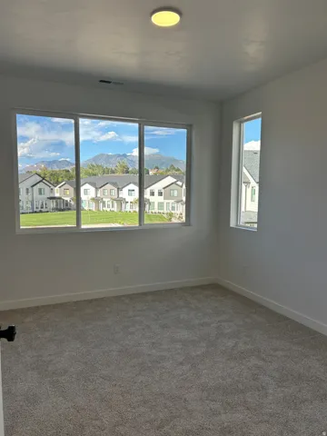 Wall-to-wall carpeting, multiple windows providing natural light, and a ceiling-mounted light fixture