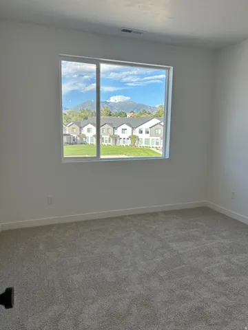 Expansive window, mountain backdrop, and neutral carpeting