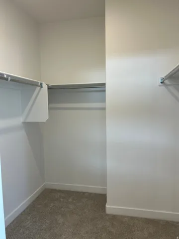 Walk-in closet with carpet flooring, white painted walls, and metal hanging rods