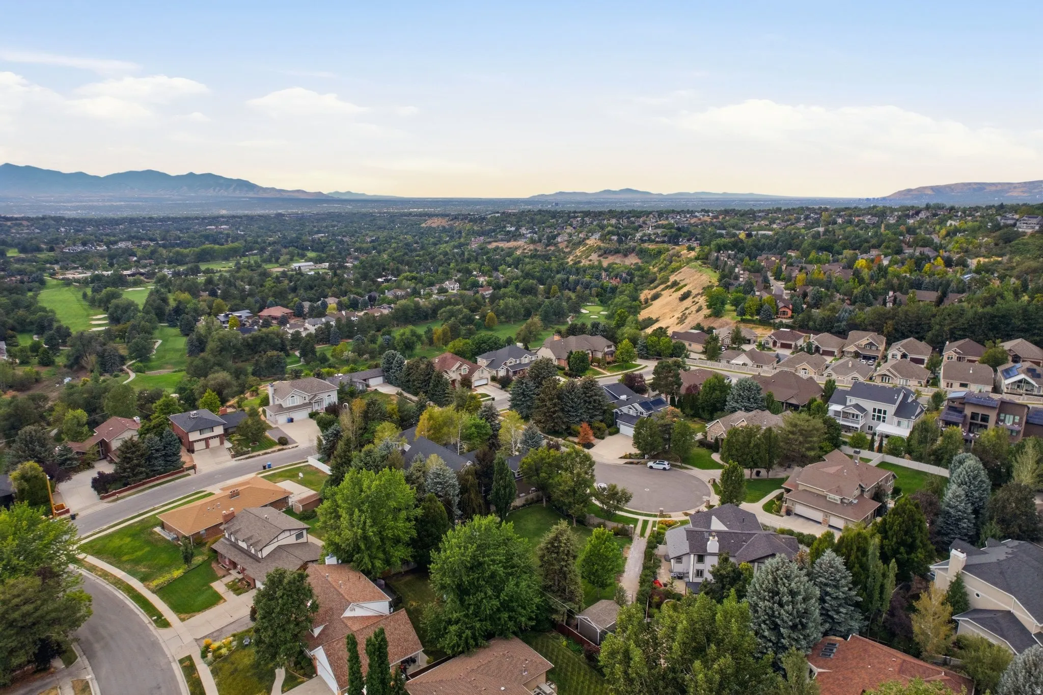 Aerial perspective showcasing a residential area with mature trees, established landscaping, and mountain backdrop
