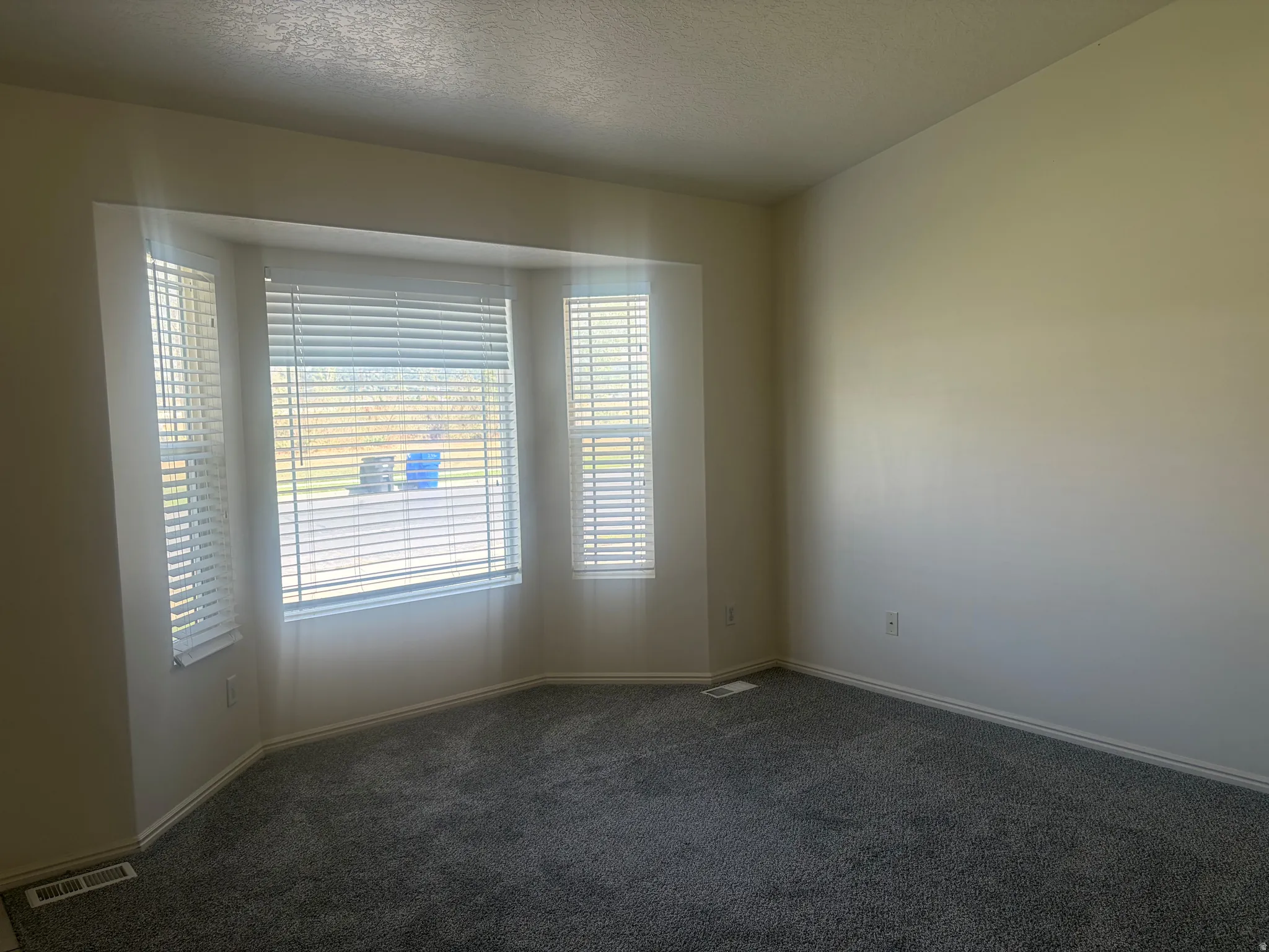 Bay window with horizontal blinds, gray carpet, and light-toned walls