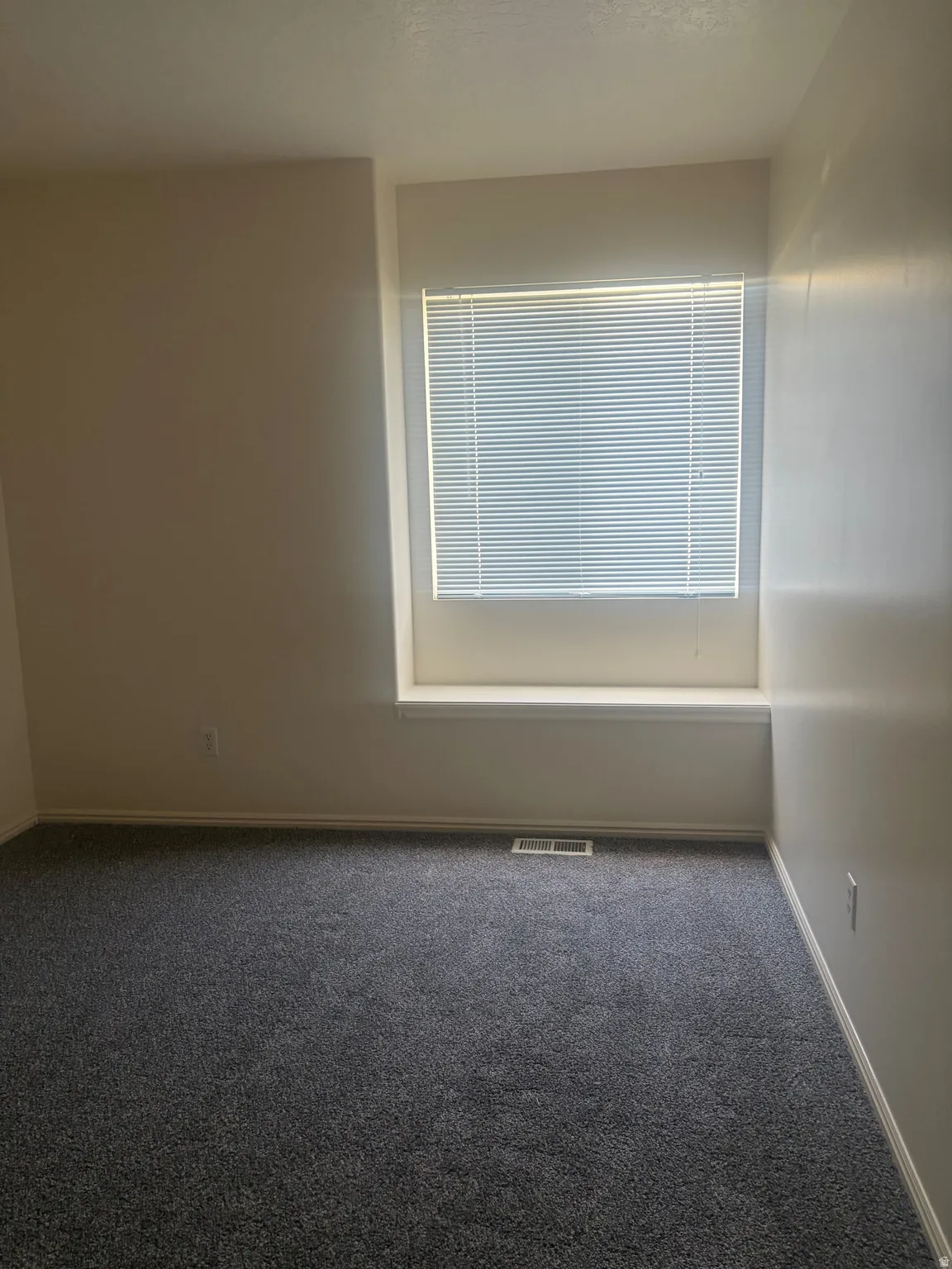 Window with horizontal blinds, neutral wall paint, dark grey carpet flooring, and white trim