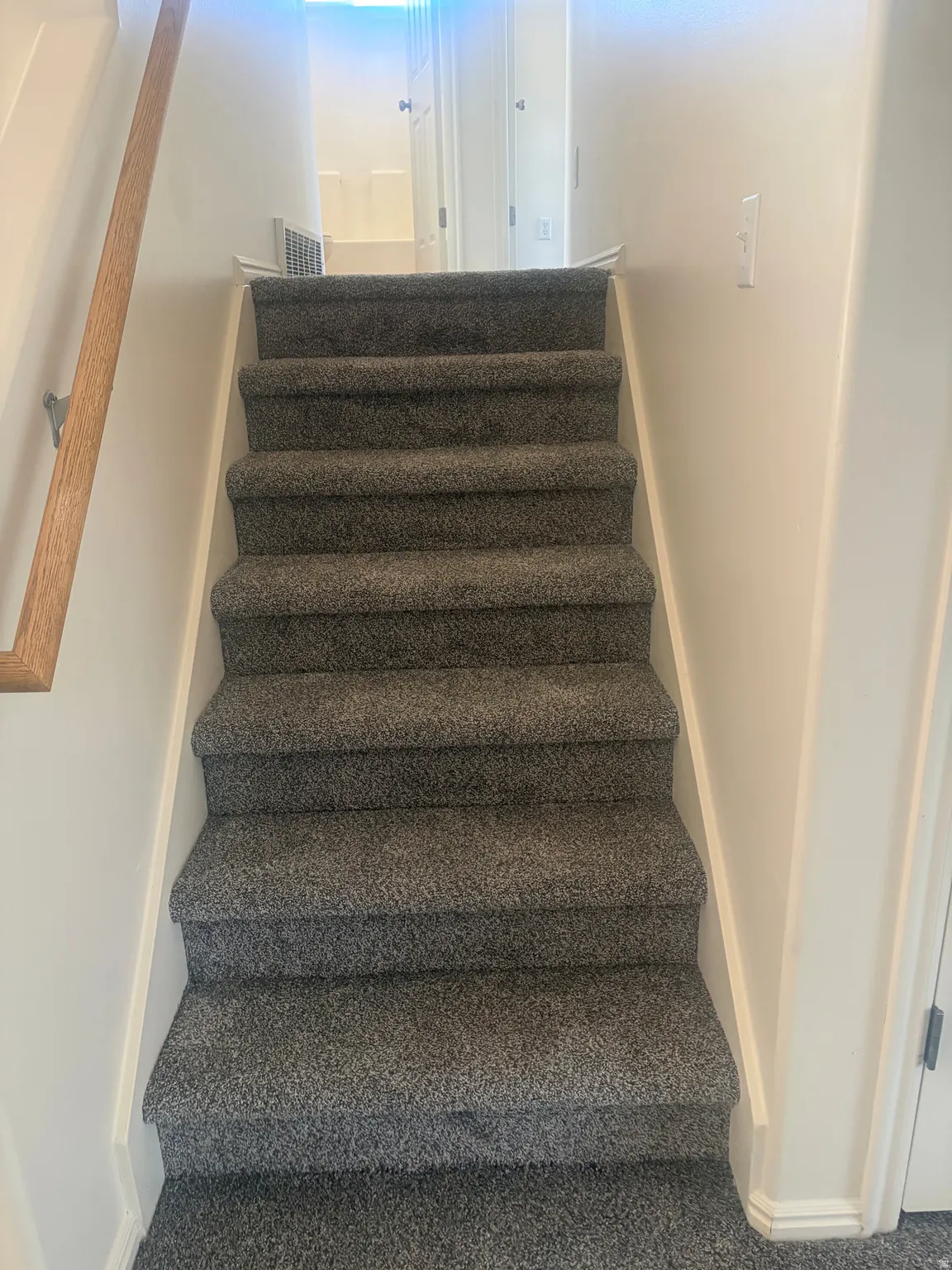Carpeted staircase with light grey carpeting, white risers, and a light-toned wood handrail