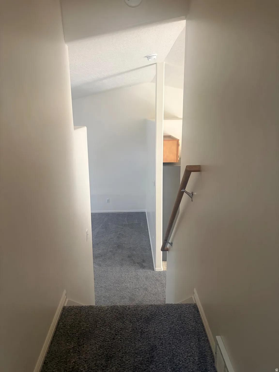 Carpeted staircase with a wood handrail, leading to a carpeted hall with sloped ceilings