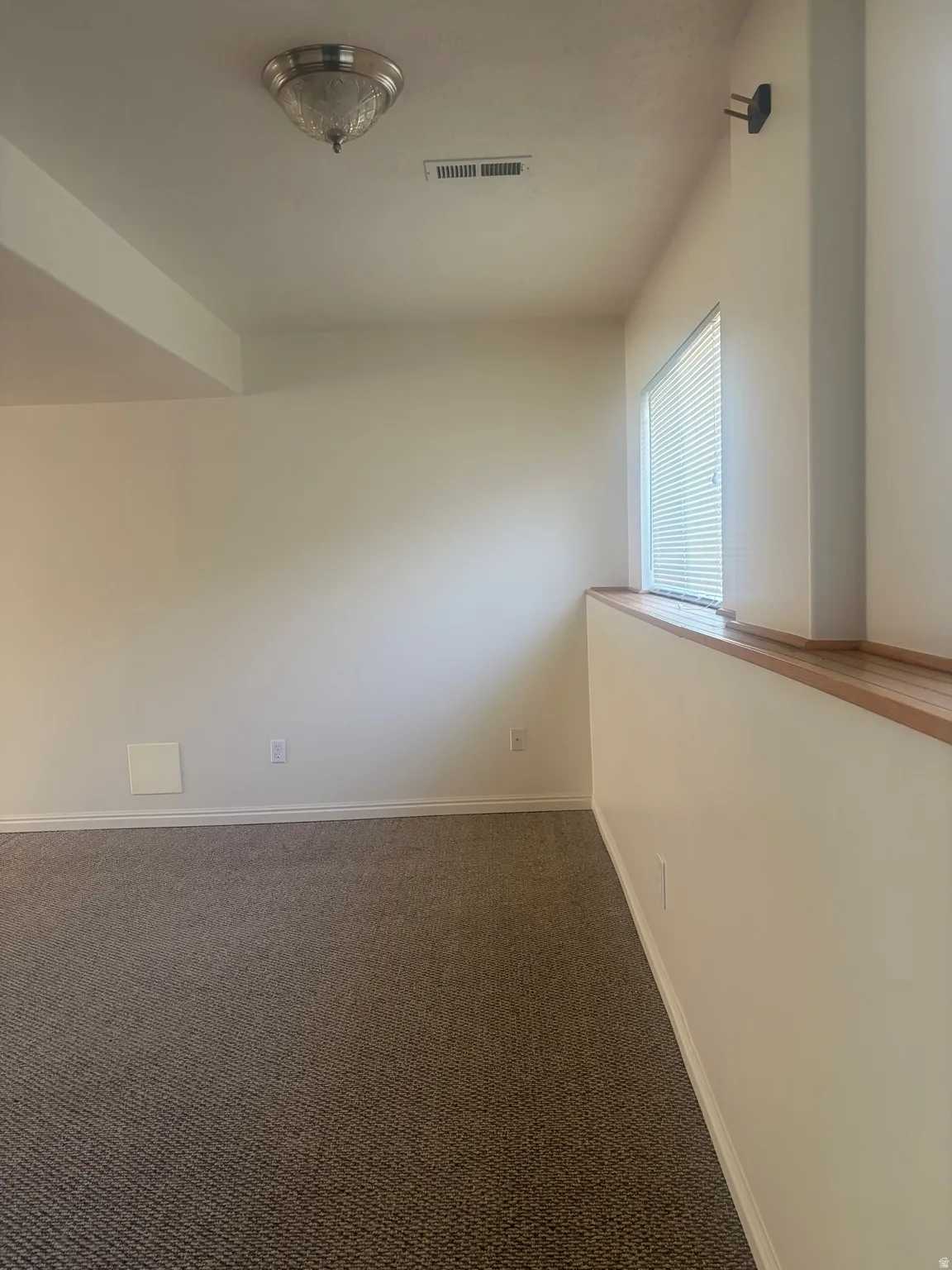 Recessed window with wood-finish sill, textured carpeting, and flush-mount ceiling light fixture