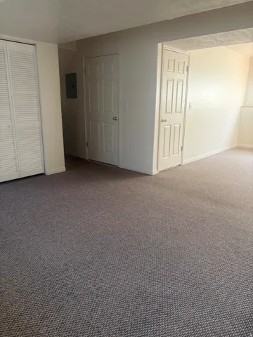 Textured carpeting, white interior doors, and bi-fold closet doors