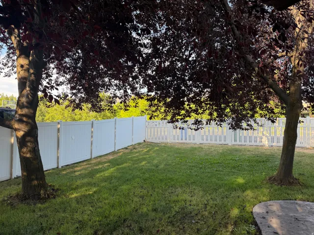 Back yard- Expansive backyard featuring a manicured lawn, two mature trees, white privacy fencing, and white picket fencing