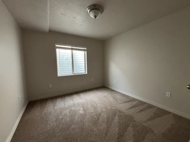 Bright secondary bedroom with carpet flooring, large window with natural light, and neutral wall finishes