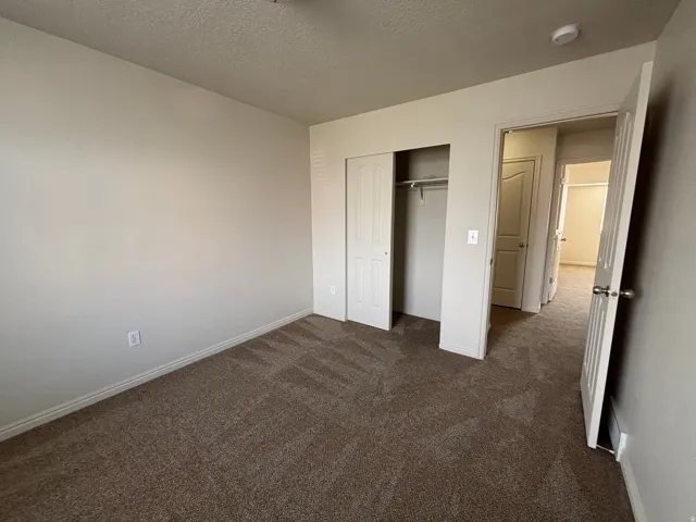 Textured carpeting, neutral wall finishes, and a bi-fold closet with interior shelving