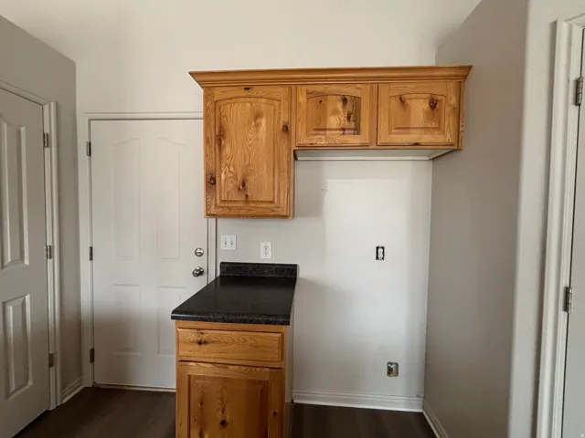 Hardwood cabinetry with crown molding, dark countertop, and wood-finish flooring