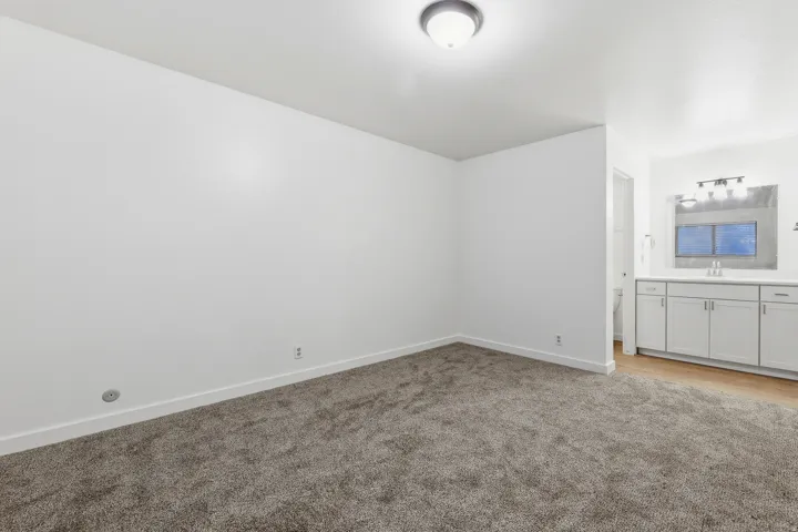 Plush carpeting, bright white walls, and a contemporary ceiling light fixture