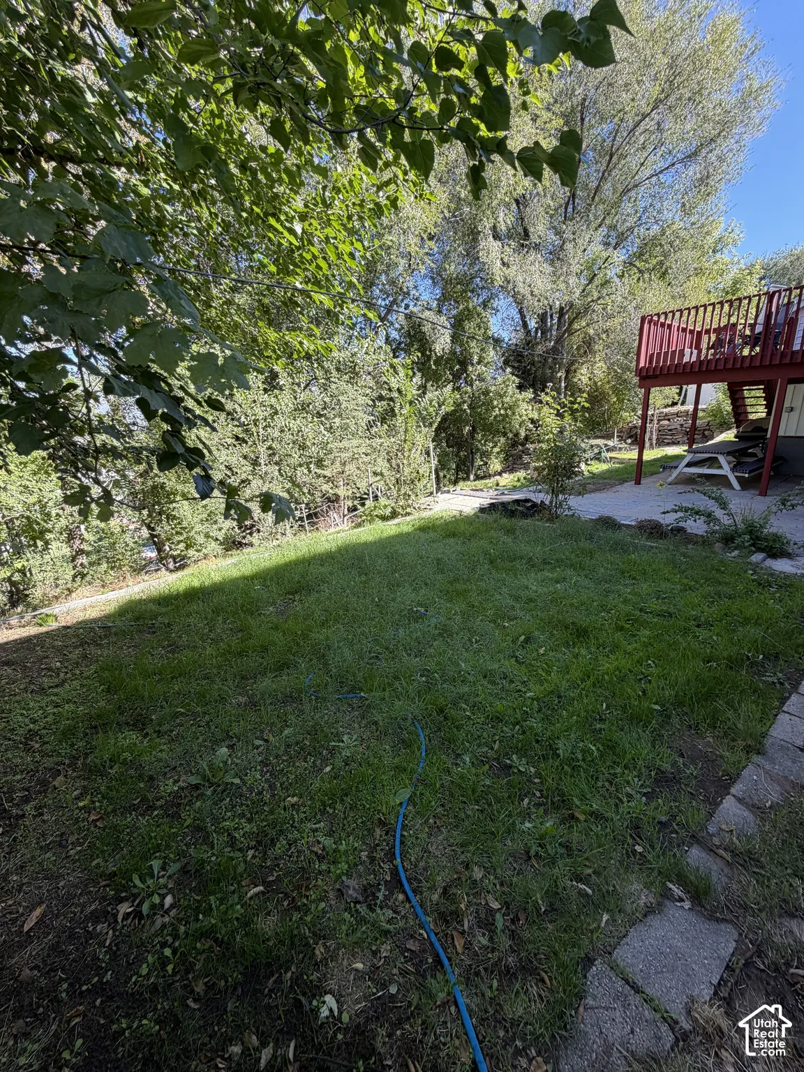 Grassed yard with mature trees, a red elevated deck, and a paver pathway