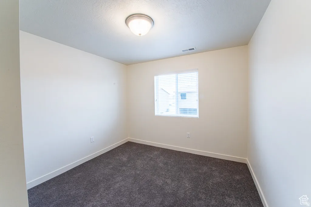 Neutral tone wall paint, dark grey carpet, white trim, single window with blinds, and flush mount ceiling light