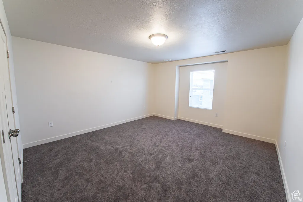 Neutral wall finishes with a single window, overhead flush-mount lighting, and dark gray carpet flooring