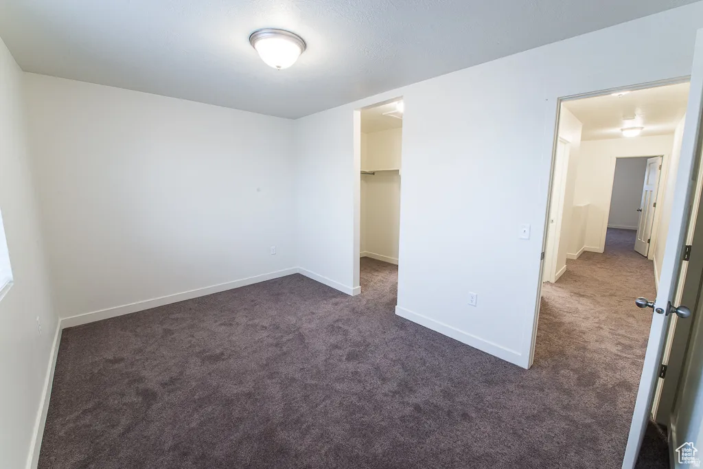 Neutral wall paint, ceiling-mounted light fixture, carpeting, recessed closet, and white trim