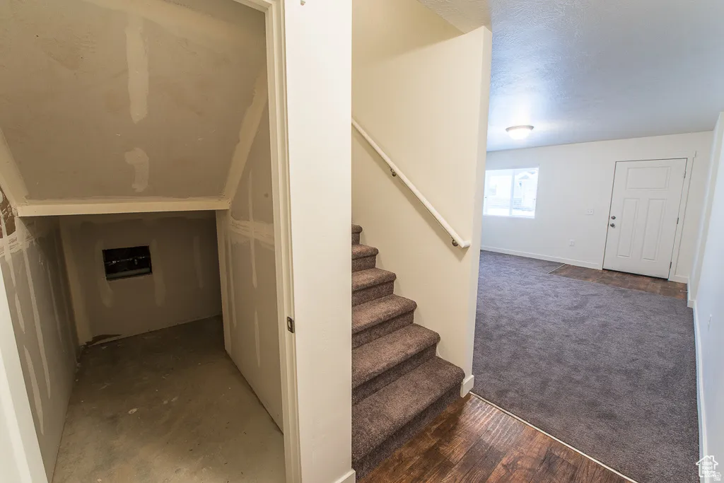 Under-stair storage area with exposed drywall