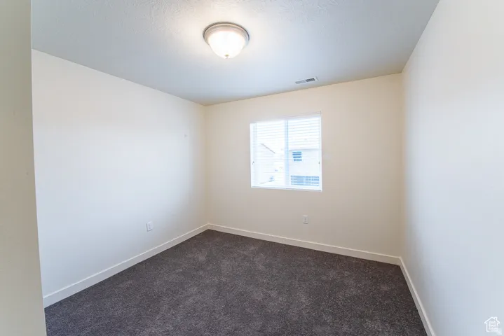 Neutral tone wall paint, dark grey carpet, white trim, single window with blinds, and flush mount ceiling light