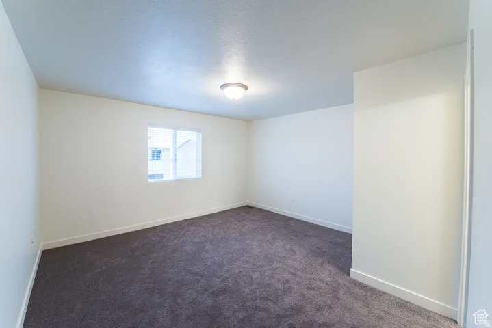Neutral wall paint, textured ceiling, central overhead light fixture, window with blinds, and dark carpet
