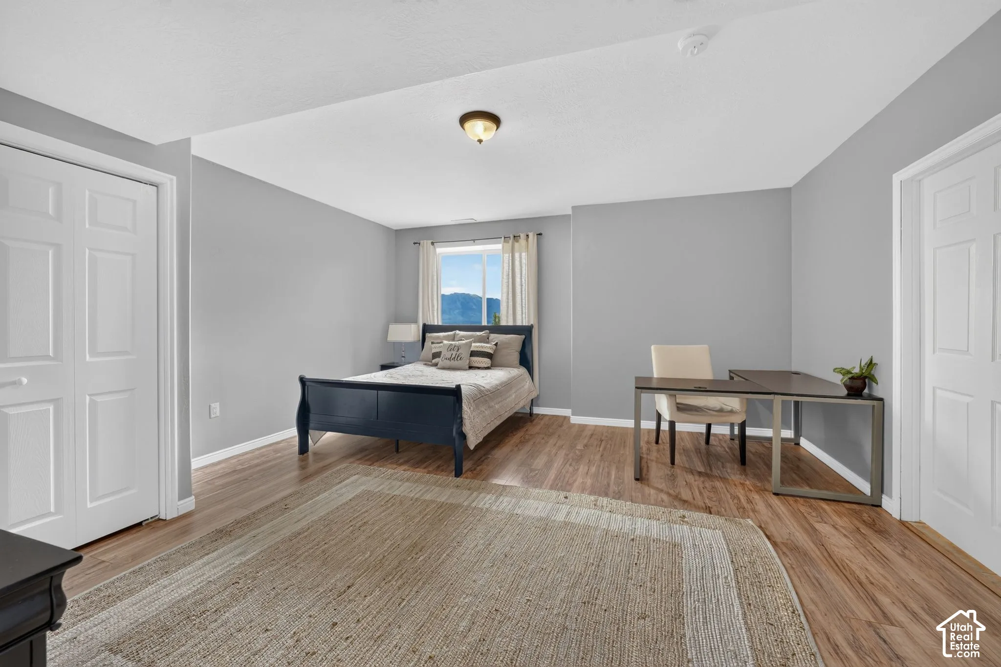 Wood-finish flooring with light gray walls, a window with natural light, and a ceiling-mounted light fixture