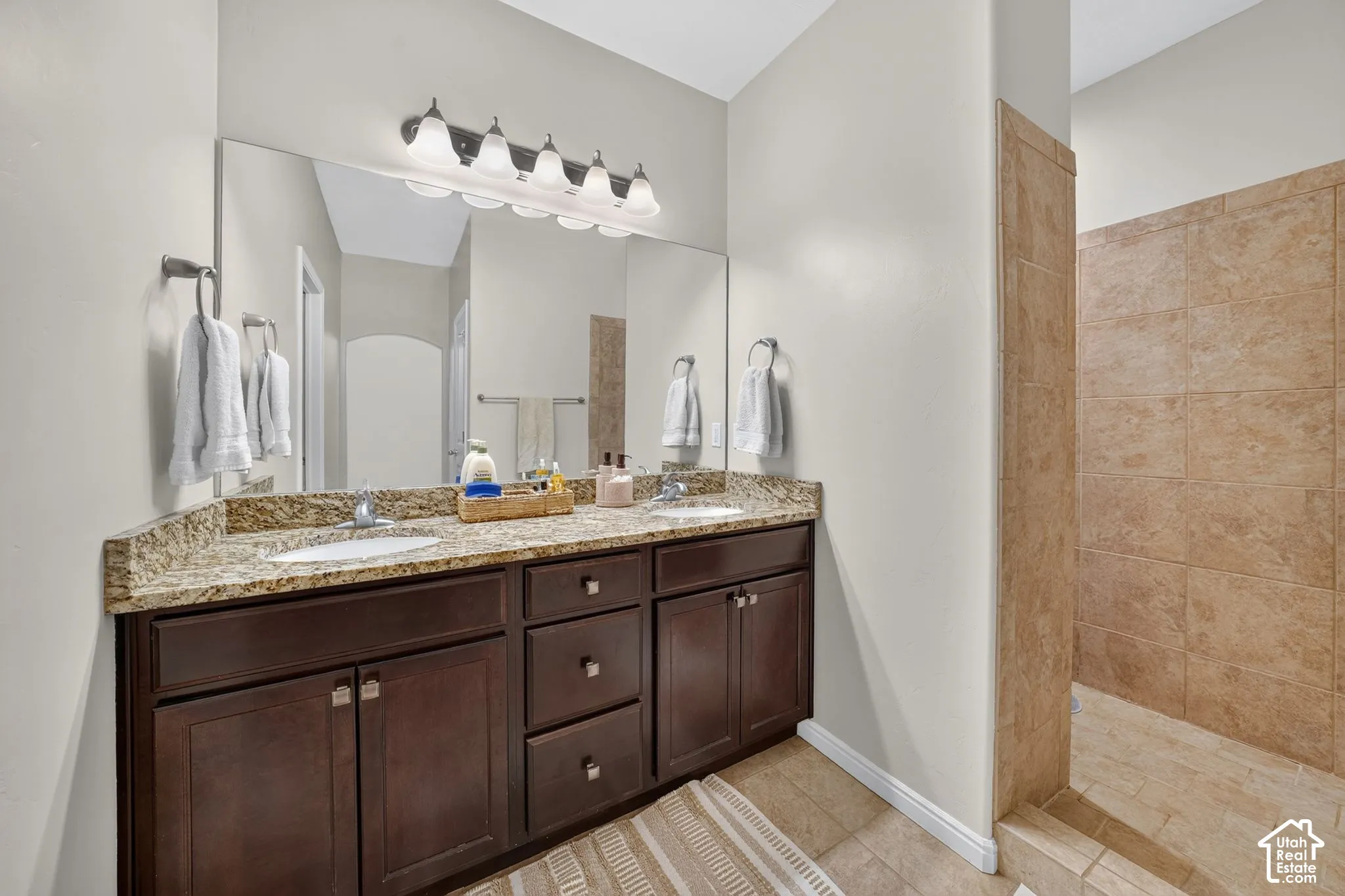 Double vanity with granite countertop, dual undermount sinks, wood-finish cabinetry, and a walk-in shower with tile surround