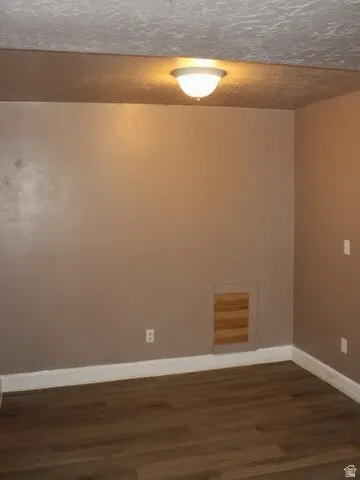 Neutral wall color, wood-finish flooring, white trim, and a flush-mount ceiling light