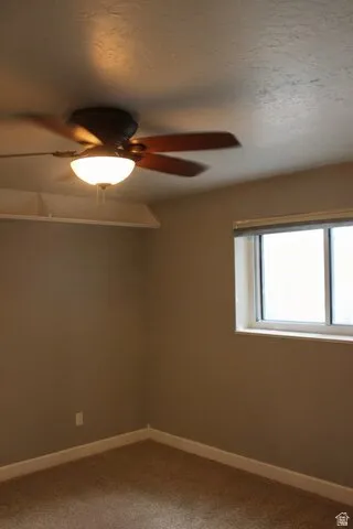 Ceiling fan with integrated lighting, carpeted flooring, and a single window with blinds