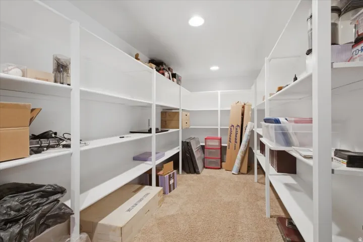 Expansive storage room featuring built-in shelving, recessed lighting, and carpet flooring