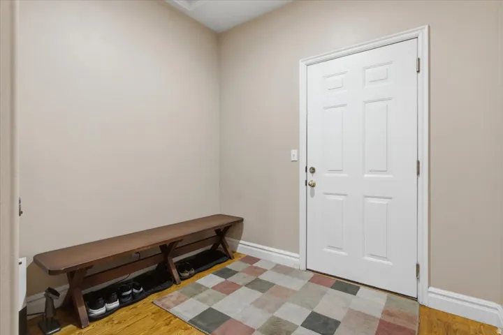 White paneled door, wood-finish flooring, light-toned wall paint, and white trim