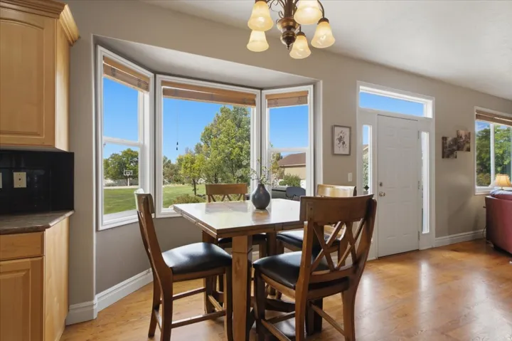 Bay window with multiple panes, wood-finish flooring, built-in cabinetry, white entry door with clear glass side panels, and an overhead chandelier with decorative shades