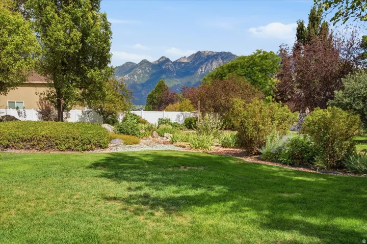 Expansive lawn with surrounding mature trees and varied shrubbery, featuring a white privacy fence and a mountain backdrop
