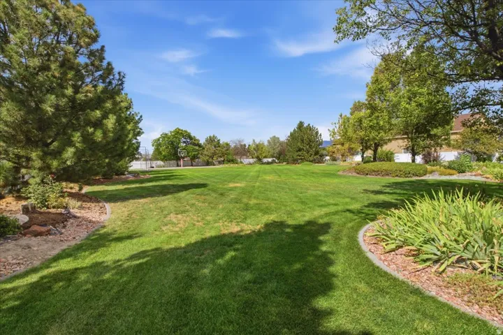 Expansive green lawn with mature trees and landscaped borders