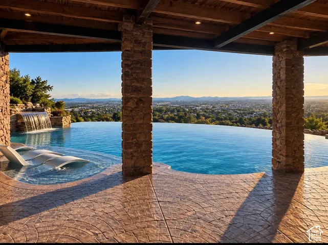 AI created image of potential future infinity pool possibilities.  Adjacent to potential sauna spa room with dressing room and shower possible.