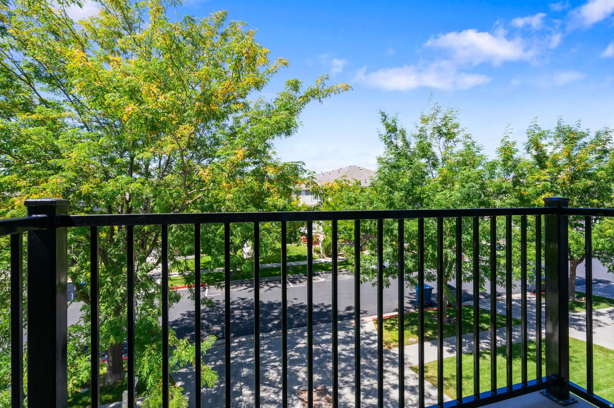 Black metal baluster railing overlooking a tree-lined street