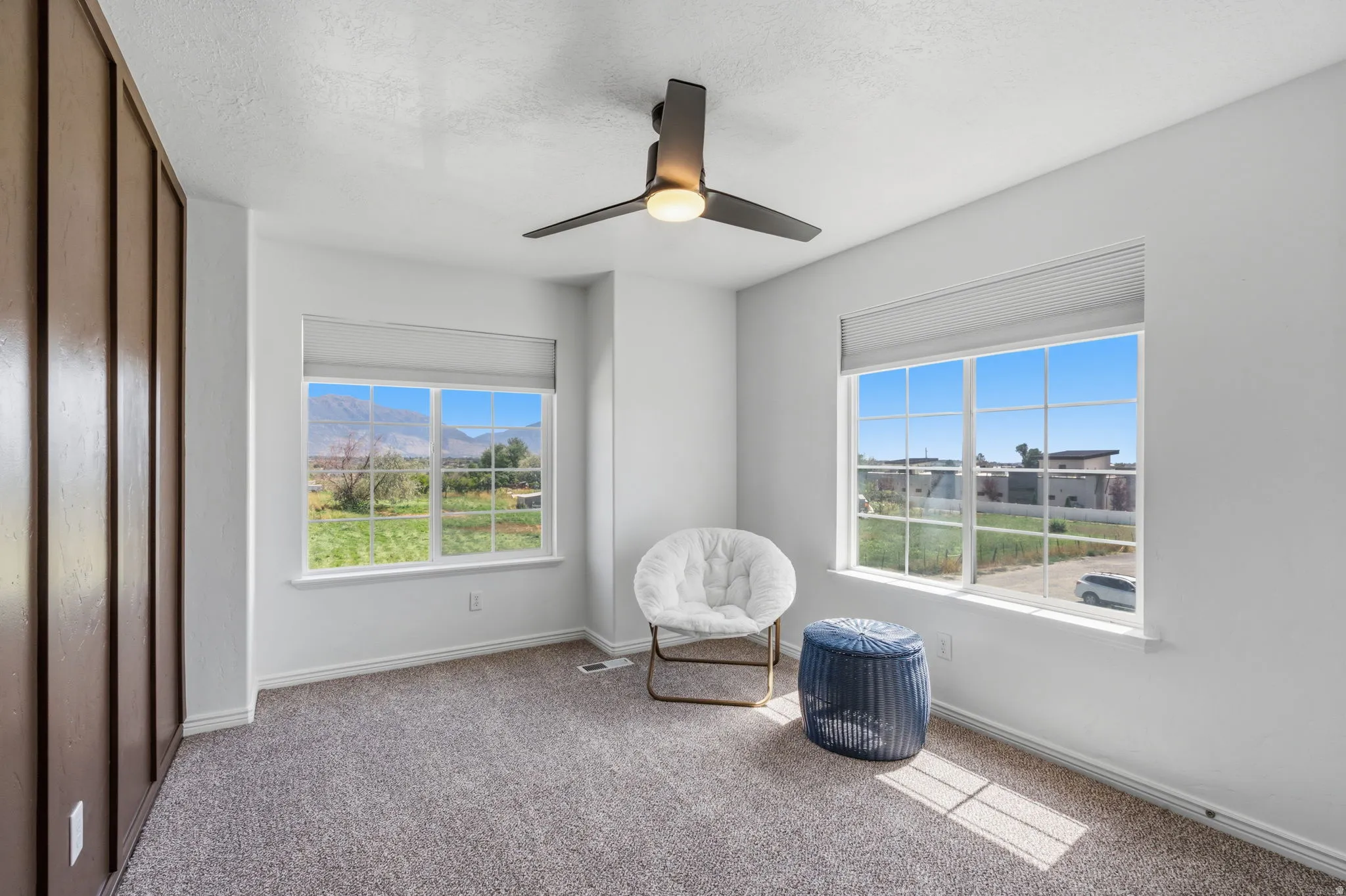 Recessed windows with blinds, ceiling fan with integrated lighting, and wall-to-wall carpeting