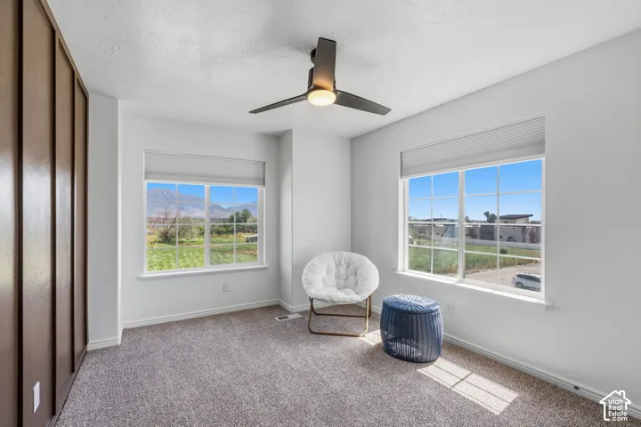 Recessed windows with blinds, ceiling fan with integrated lighting, and wall-to-wall carpeting