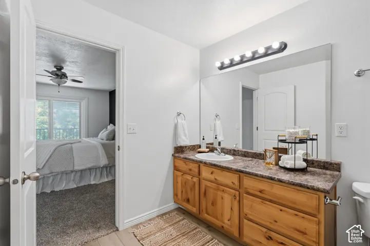Bathroom vanity with a single basin sink, wood-finish cabinetry, and a large wall-mounted mirror