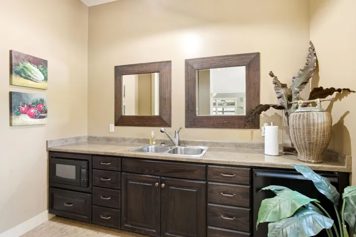Built-in dark wood cabinetry with silver hardware, dual stainless steel sinks, light-toned countertop, and integrated microwave