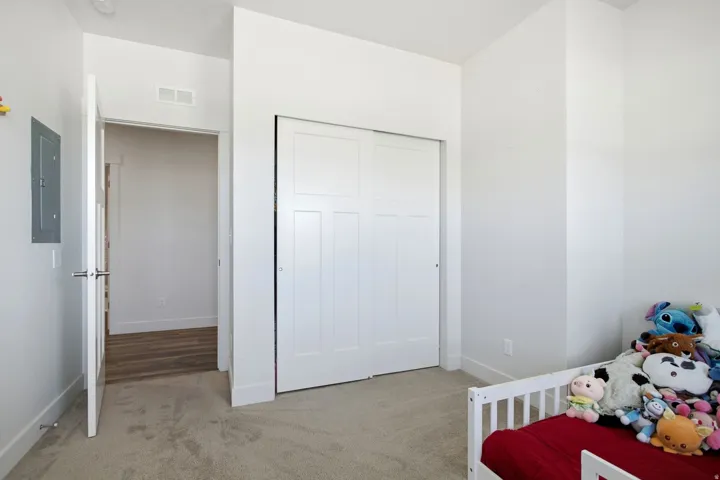 White interior walls, neutral carpet flooring, and a sliding panel closet door