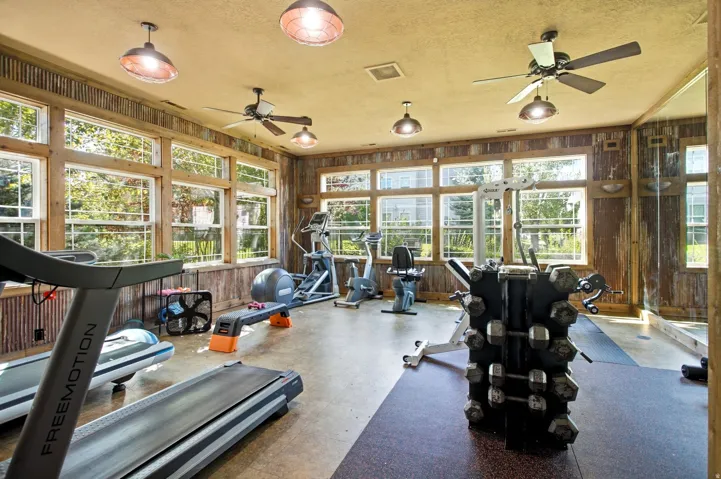 Dedicated fitness space with multiple windows, industrial-style pendant lighting, ceiling fans, and wood-paneled walls